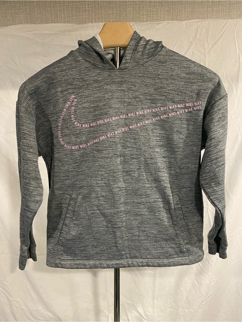 Nike Gray Heather Hoodie with Pink Swoosh Logo kids medium
